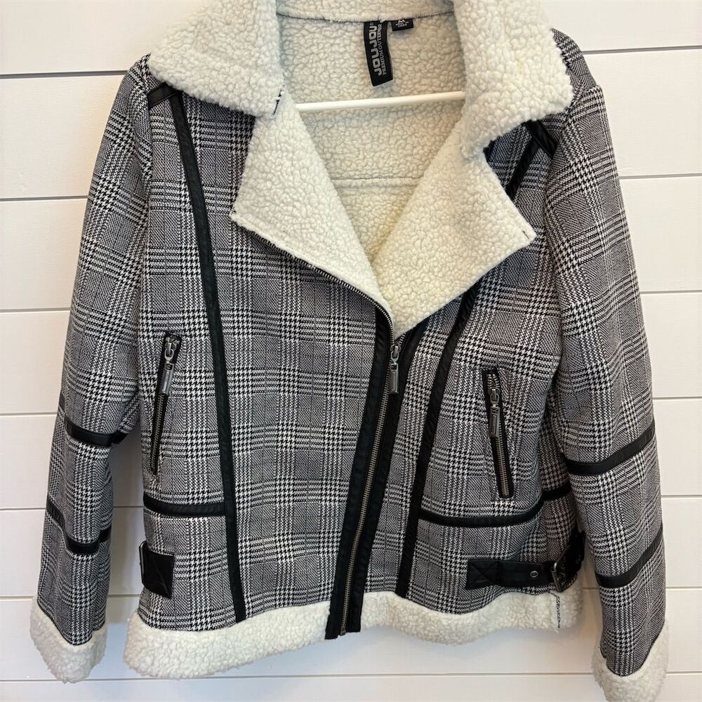 Women's Black Checkered Fleece‎ Lined Jacket M Winter Casual Zip Up - JouJou